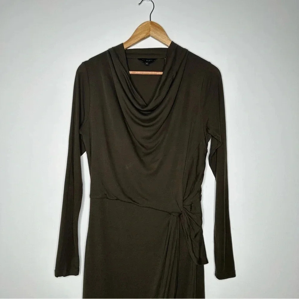 TED BAKER Khaki Green Neyda Long Sleeve Jersey Drape Dress Size 2 - Picture 5 of 15